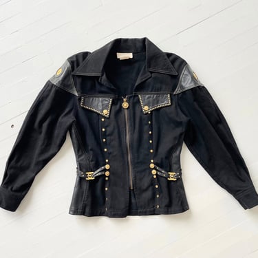 1980s Caché Studded Black Denim + Leather Jacket 