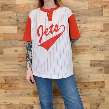 Vintage Jets Baseball Jersey Style Pinstriped Raglan Henley Tee Shirt 