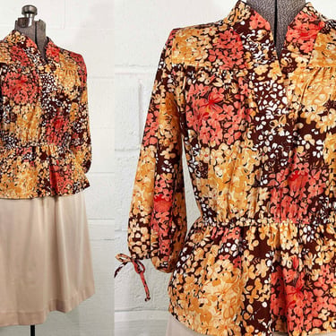 Vintage Peplum Secretary Dress Romantic Peach Orange Brown Tone 3/4 Sleeve A-Line 1980s 1970s Large XL 