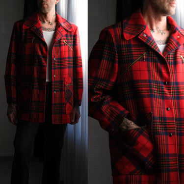 Vintage 50s Pendleton Mackinaw Cruiser Red Plaid Quilt Lined Button Up Coat w/ Brass Talon Zippers | Made in USA | 1950s Wool Chore Jacket 
