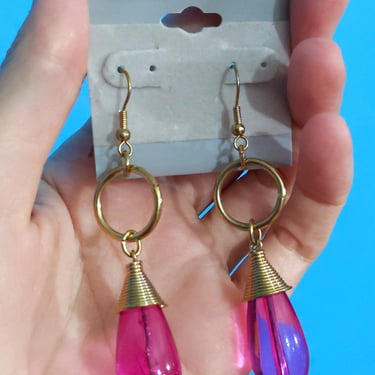 Pretty DEADSTOCK Vintage 80s 90s Transparent Magenta Pink Drop Lucite Earrings 