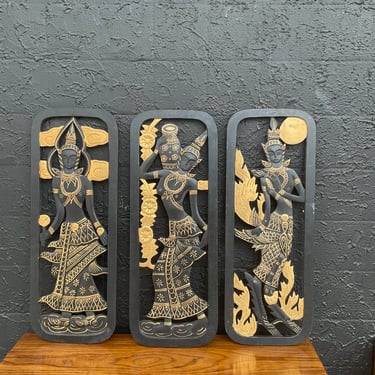 Thai Black Carvings with Gold Paint