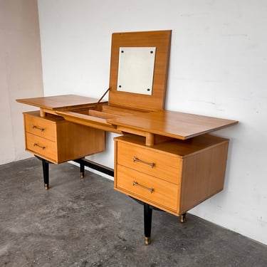 Elm Flip Top Vanity with Mirror and Drawers by Milo Baughman for Drexel 