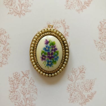 Blue and Purple Floral Locket Necklace Pendant - 1970s 