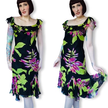 Vintage Y2K 2000s 00s Floral Silk Chiffon Flutter Sleeve Kerchief Hem Skirt - size Medium Large 