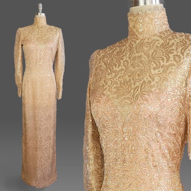 Gold Evening Dress / Saks 5th Avenue Dress / 1980s Gold Lace Long Sleeved Evening Gown / Size Medium 