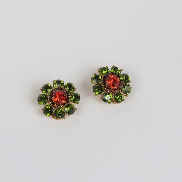 Vintage 1960s multicolored rhinestone earrings clip on floral, fall colors, mid century jewelry 