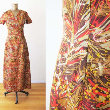 1960s Long Silk Maxi Dress XS S - Vintage 60s Abstract Marble Print Dress - Gold Rust Brown Short Sleeve Formal Cocktail Dress 
