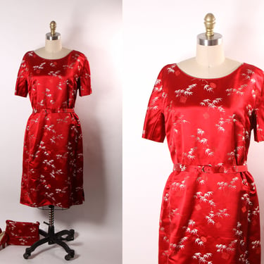 1960s Red Brocade Chinese Short Sleeve Belted Dress with Matching Purse and High Heels by Blue Sky Shoes 