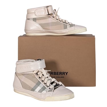 Burberry - Ivory Leather & Beige Plaid High Top Sneakers Sz 10