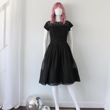 Vintage 50's Black Fit & Flare Dress, Sheer Overlay | Ivy Vintage - Feeding  Hills, MA | ATTIC