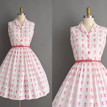 Vintage 1950s Dress | Bobbie Brooks Pink & White Cotton Full Skirt Shirtwaist Dress | Small Medium 