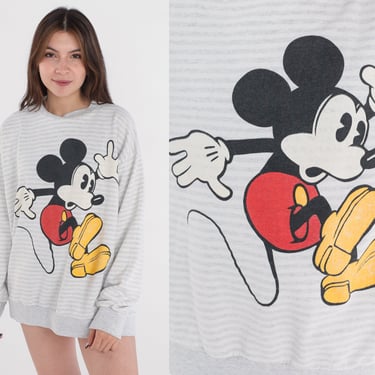 Mickey Mouse Sweatshirt 90s Disney Sweater Striped Disneyland Graphic Shirt Retro Cartoon Heather Grey White Vintage 1990s Medium Large 