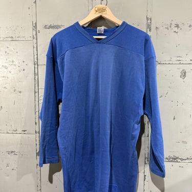 Vintage 80s Russell Blank football Shirt Blue tshirt 3/4 sleeve athletic style Distressed XL 