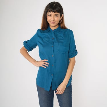 Vintage 80s Roll Tab Sleeve Blouse Blue Button Up Shirt Plain Top Simple Collared Chest Pocket 1980s Retro Short Sleeve Small S 