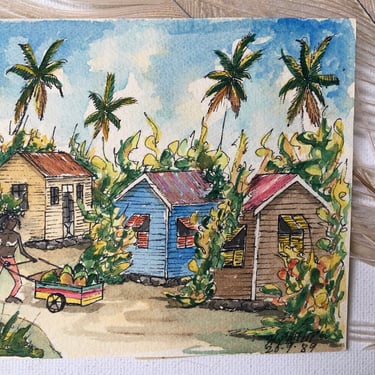 80's Watercolor And Ink Mini Original Art, Tropical Island, Signed By Artist, Cabins With Palm Trees, African American Art, Unframed 