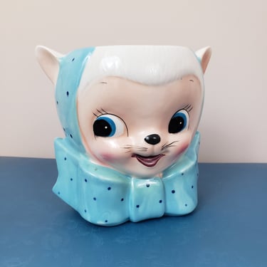 Vintage 1950's Royal Sealy Cat Cookie Jar / 60s Blue Kitty Kitch Knick Knack Ceramic Canister 