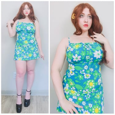 1990s Vintage Blue and Green Flower Power Dress / 90s Mod Milkmaid Floral Body Con Mini Dress / Size Large 