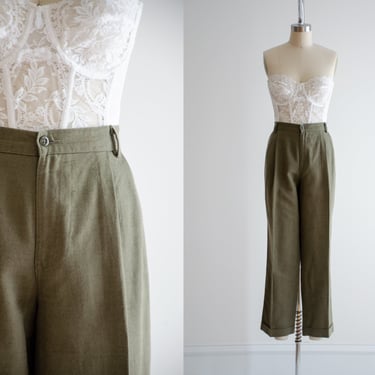 high waisted pants | 90s y2k vintage Dockers olive green linen cotton pleated straight leg trousers 