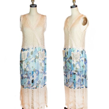 Vintage 1920s Dress ~ Lace and Blue Floral Silk Sheer Dress 