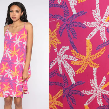 Hawaiian Sun Dress 90s Pink Mini Dress Tropical Palm Tree Print Sundress Flounce Vintage Red Spaghetti Straps Medium Large 