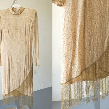 Vintage Neiman Marcus | Gold Pure Silk | Fringe Flapper Beaded Dress | Size Small 