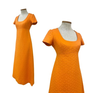 Vtg 70s 1970s Mariko Jacquard Hot Orange Mod Ultra Sweet Wedding Date Maxi Dress 