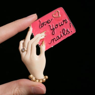LOVE YOUR NAILS - Novelty Vintage 80s Statement Brooch with a Rhinestone 