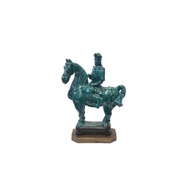 Vintage Distressed Dark Green Glaze Ceramic Soldier Riding Horse Figure ws3781E 