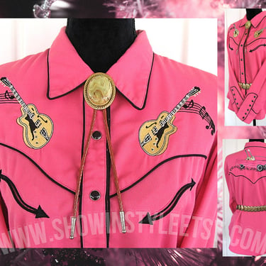 Scully Women's Vintage Western Retro Shirt, Cowgirl Blouse, Pink with Embroidered Yellow Guitars & Pink Car, Approx. Large (see meas. photo) 
