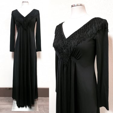 Vintage Black Fringe V Neck Maxi Dress w Long Sleeves 1960s - 1970s | Retro, Funky, Disco, Gothic, Formal, Casual 