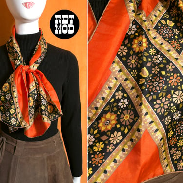 Vintage 60s 70s Orange & Brown Floral Criss Cross Long Silk Scarf 