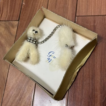 Vintage 50s Genuine Sweater Clip Mink Poodle Dog Rhinestone Pin & Bow Brooch Pin Set With Box // MCM 1950s 