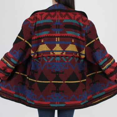 Oversized Southwestern Print Coat / Large Shawl Collar / Button Front Native American Western Jacket 
