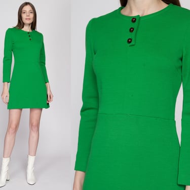 Small 60s Kelly Green Wool Mini Dress, As Is | Vintage Long Sleeve Retro A Line Dress 