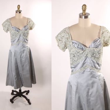 Early 1950s Pale Ice Blue Short Sleeve Sheer Lace Overlay Formal Dress by Montaldo’s -L 