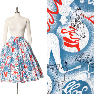 Vintage 1970s Circle Skirt | 70s does 1950s Jazz Novelty Print Cotton Blue Musicians Music Swing Skirt (small/medium) 