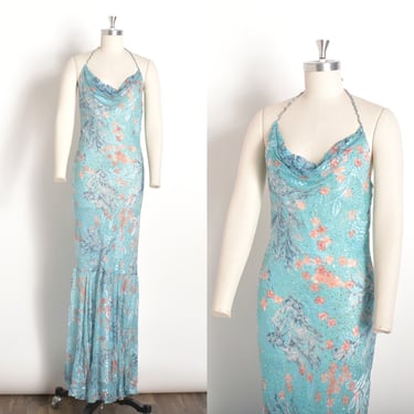 Vintage 2000s Dress / Y2K Diane Freis Beaded Floral Halter Dress / Blue ( M L ) 