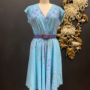 1970s dress, turquoise floral, vintage 70s dress, full skirt, wrap style, aqua and lilac, medium, Avon fashions, cap sleeves, 70s does 50s 
