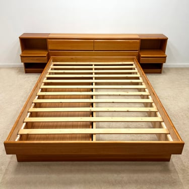 Danish Modern cherry queen floating platform bed with headboard nightstands storage mid century 