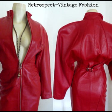 1980's MICHAEL HOBAN vintage lipstick RED leather dress by North Beach / leather motorcycle zipper dress size small Free Shipping worldwide 