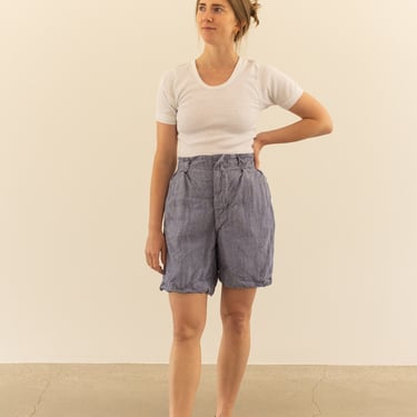 Vintage 26 Waist Blue French Linen Shorts | High Rise Button Fly France | 