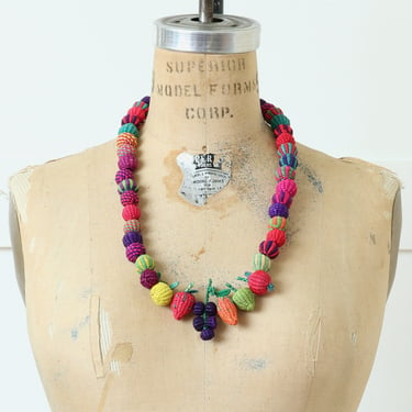 cute vintage rattan fruit necklace • bright berries novelty straw basket necklace 