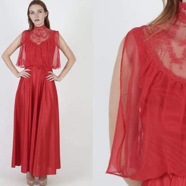 Grecian Goddess Chiffon Disco Dress With Waist Tie / Airy Split Sleeve Capelet / Lady In Red Toga Party Maxi Gown 