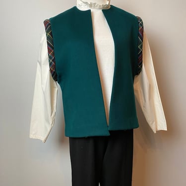 70’s felted wool vest / sleeveless overcoat jacket / puffed plaid trim / Minimalist Boho style Green Boxy cropped oversized Medium 