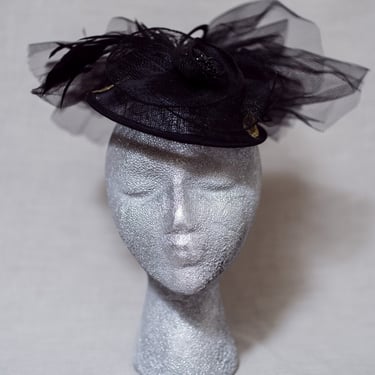 Upcycled Vintage 1960s Black Fascinator with Tulle Bow - One of a Kind 