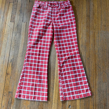 29x27 Wrangler Plaid Pants flared bell bottoms 70s Gingham Red White 