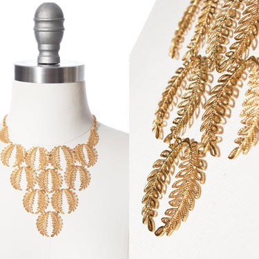 Vintage 1960s 1970s Necklace | 60s 70s VENDÔME Gold Tone Metal Leaves Statement Bib Chandelier Necklace 