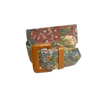 Vintage Accessories by Pearl Pink Floral Carpetbag Tapestry and Leather Belt 