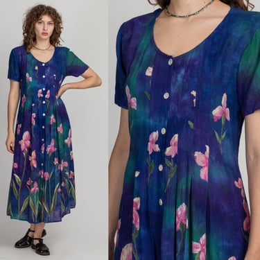 90s Tie Dye Floral Maxi Grunge Dress - Medium | Vintage Oversized Button Up Short Sleeve Sheer Boho Dress 